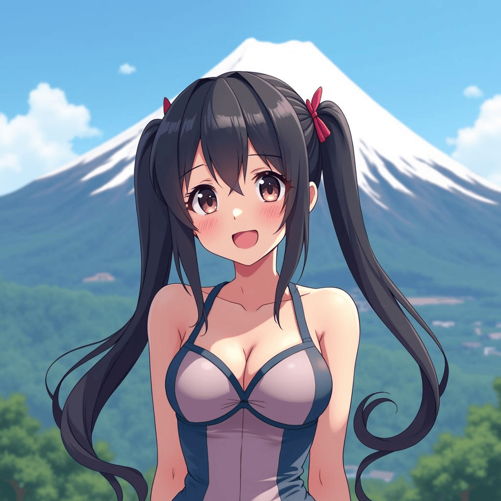 cute anime girl in front of a mountain